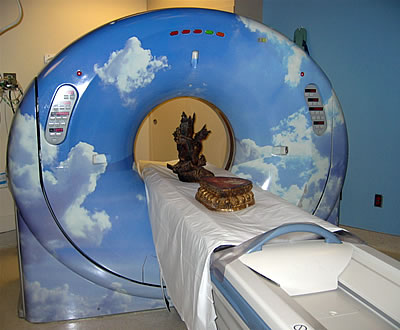 ?Patient? entering the ?blue sky? CT scanner at Huntington Hospital, Pasadena.